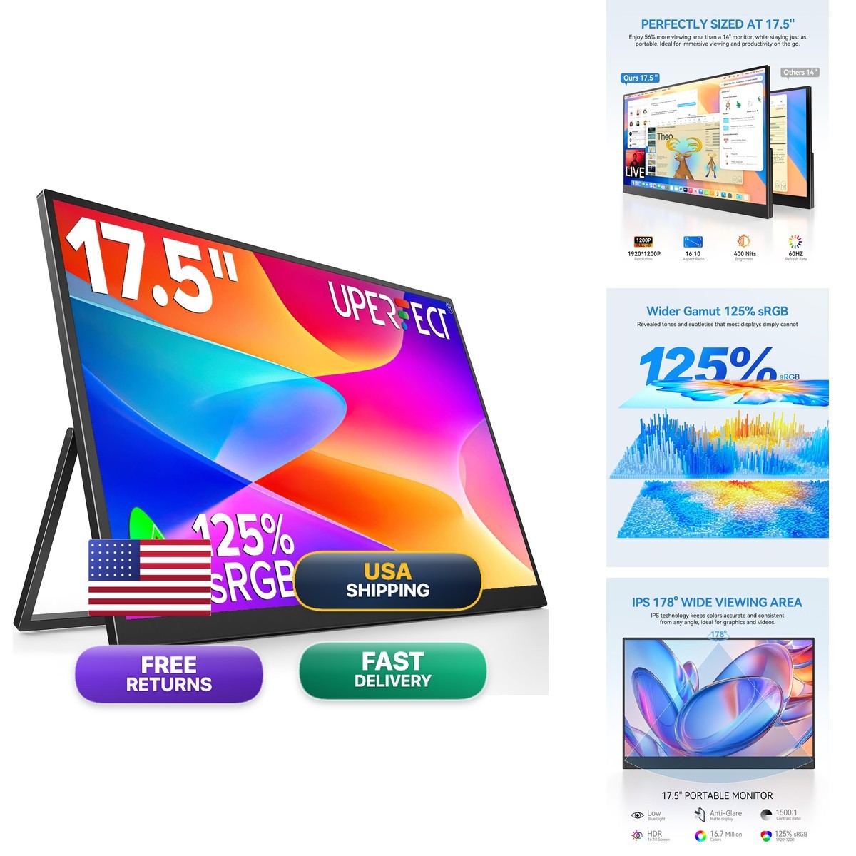 UPERFECT 17.5" Portable Monitor 1920×1200 FHD 16:10 IPS Display