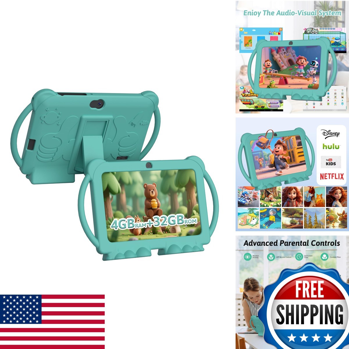 HOTTABLET Kids Tablet 7 inch 4GB RAM 32GB ROM 1TB Expansion Green