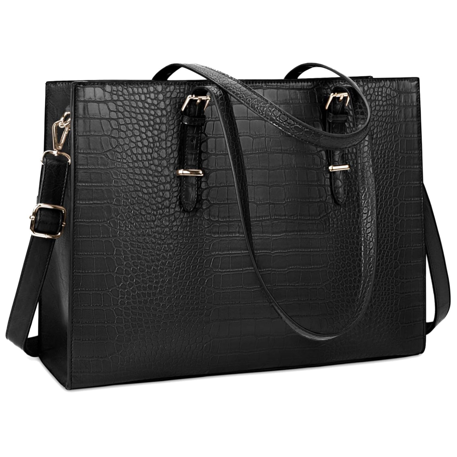 Black Crocodile Pattern Laptop Briefcase - Water-Resistant & Stylish 15.6 Inch