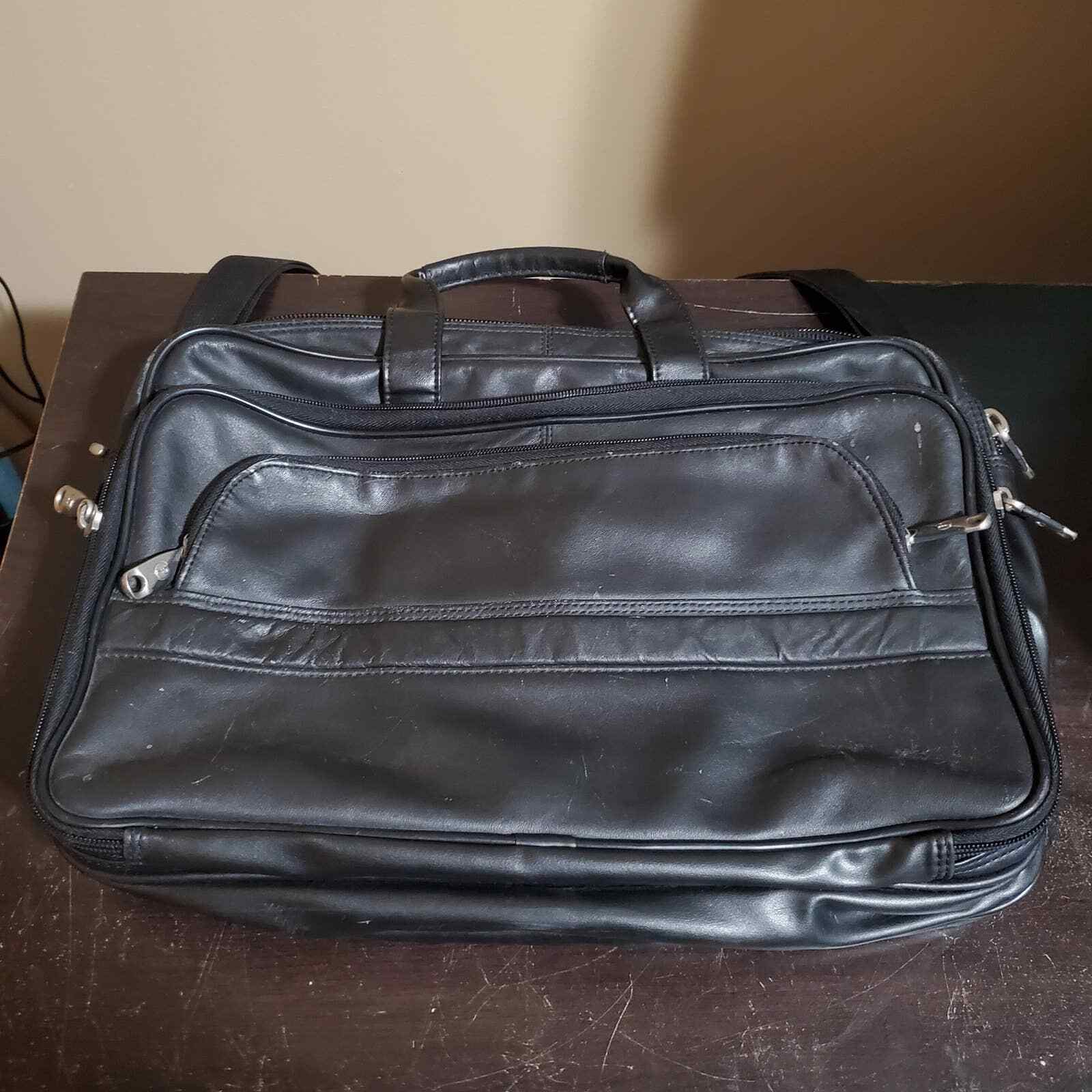 Protocol Black Leather Heavy-Duty Large Capacity Laptop Shoulder Strap Bag