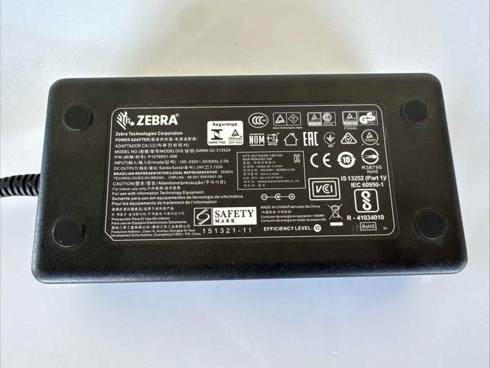 Authentic Zebra Power Supply AC Adapter SAWA-52-312524