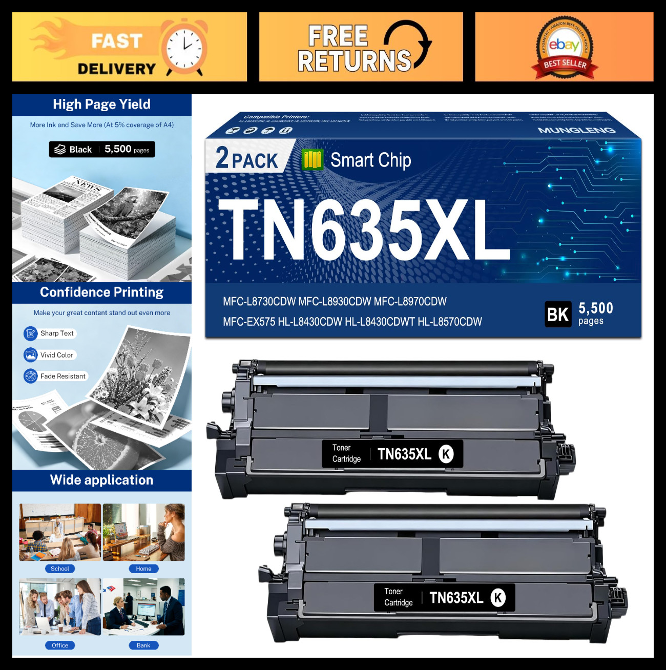 Compatible TN635XL Toner Cartridge for Brother TN635 & TN635XXL - High Yield, Qu