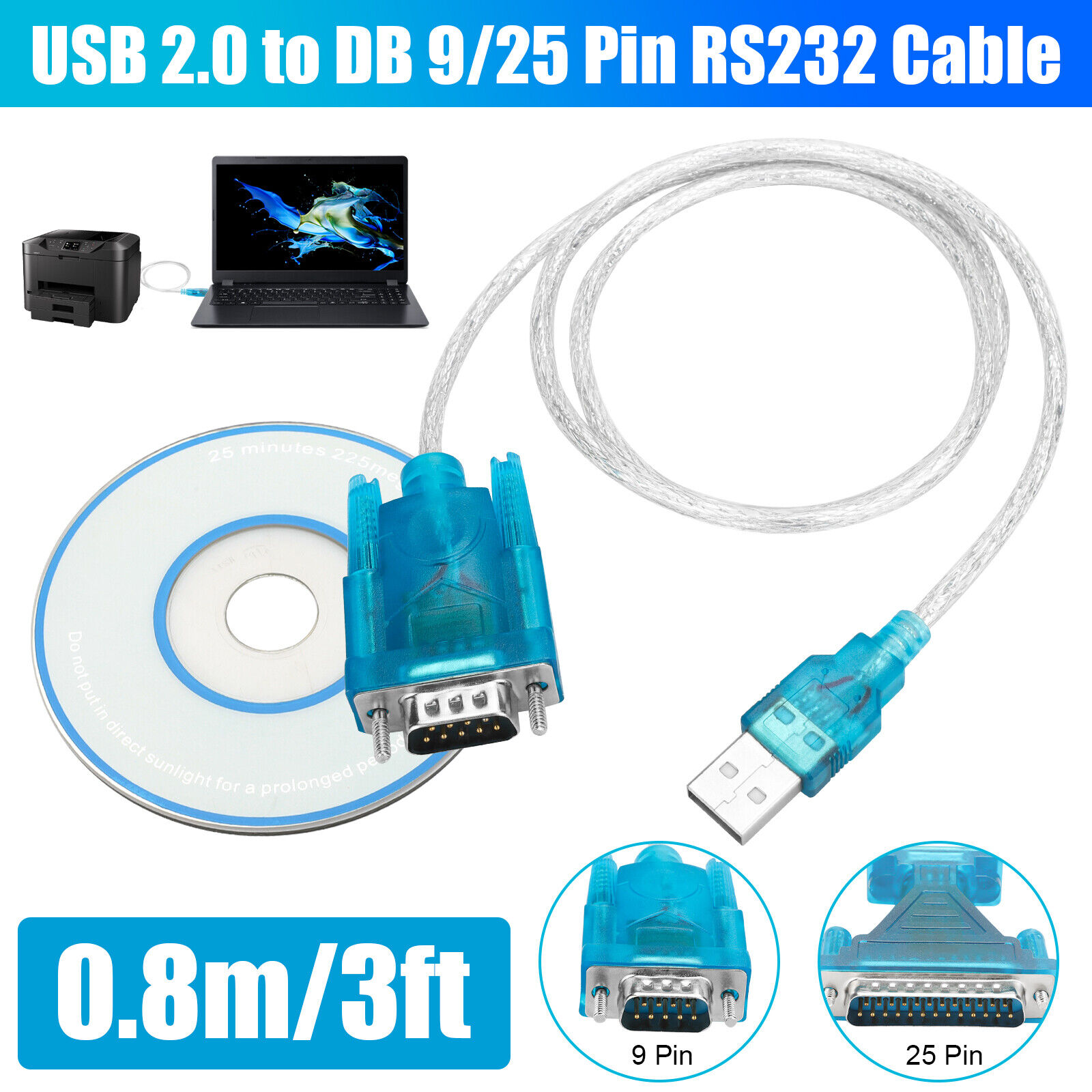 USB 2.0 to RS232 COM Port Computer Converter Adapter Cable 9 Pin Serial DB25 DB9