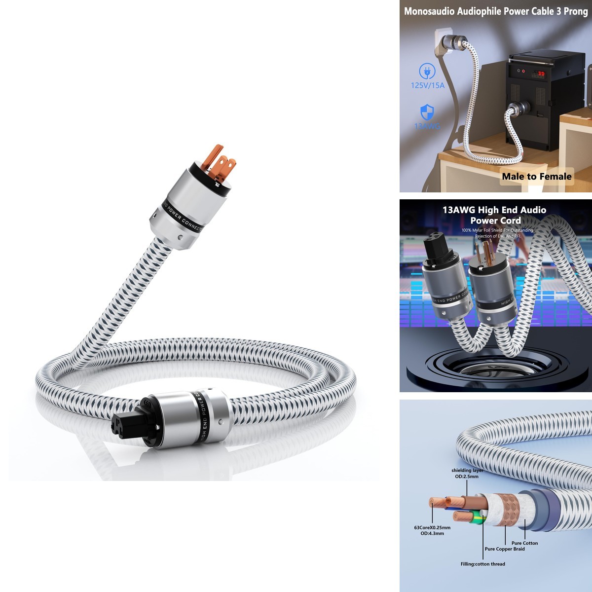 Monosaudio 12AWG Audiophile HiFi Power Cord Pure Copper IEC320 C13 Connector 1M