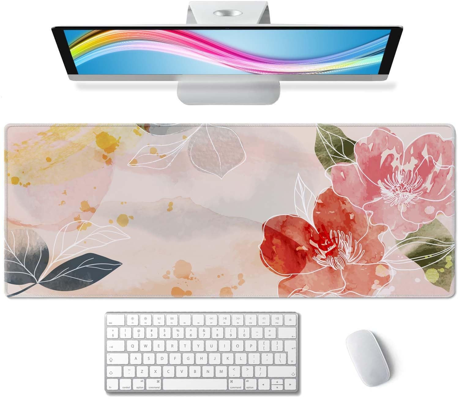 Wasica Watercolor Floral Extended Gaming Desk Mat, 31.5x11.8in