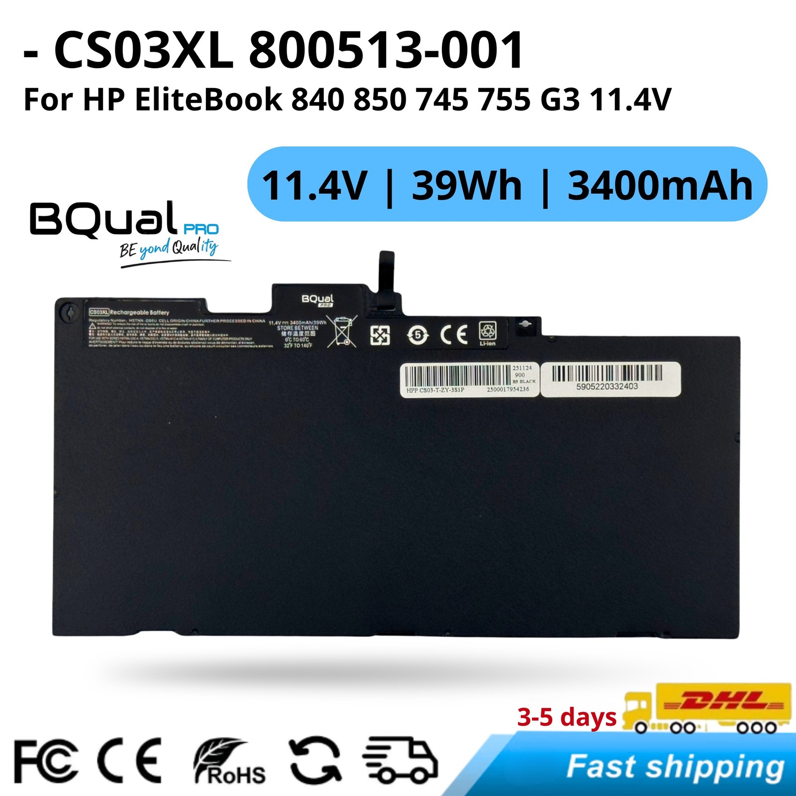 Laptop Battery CS03XL 800513-001 for HP EliteBook 840 850 745 755 G3 11.4V