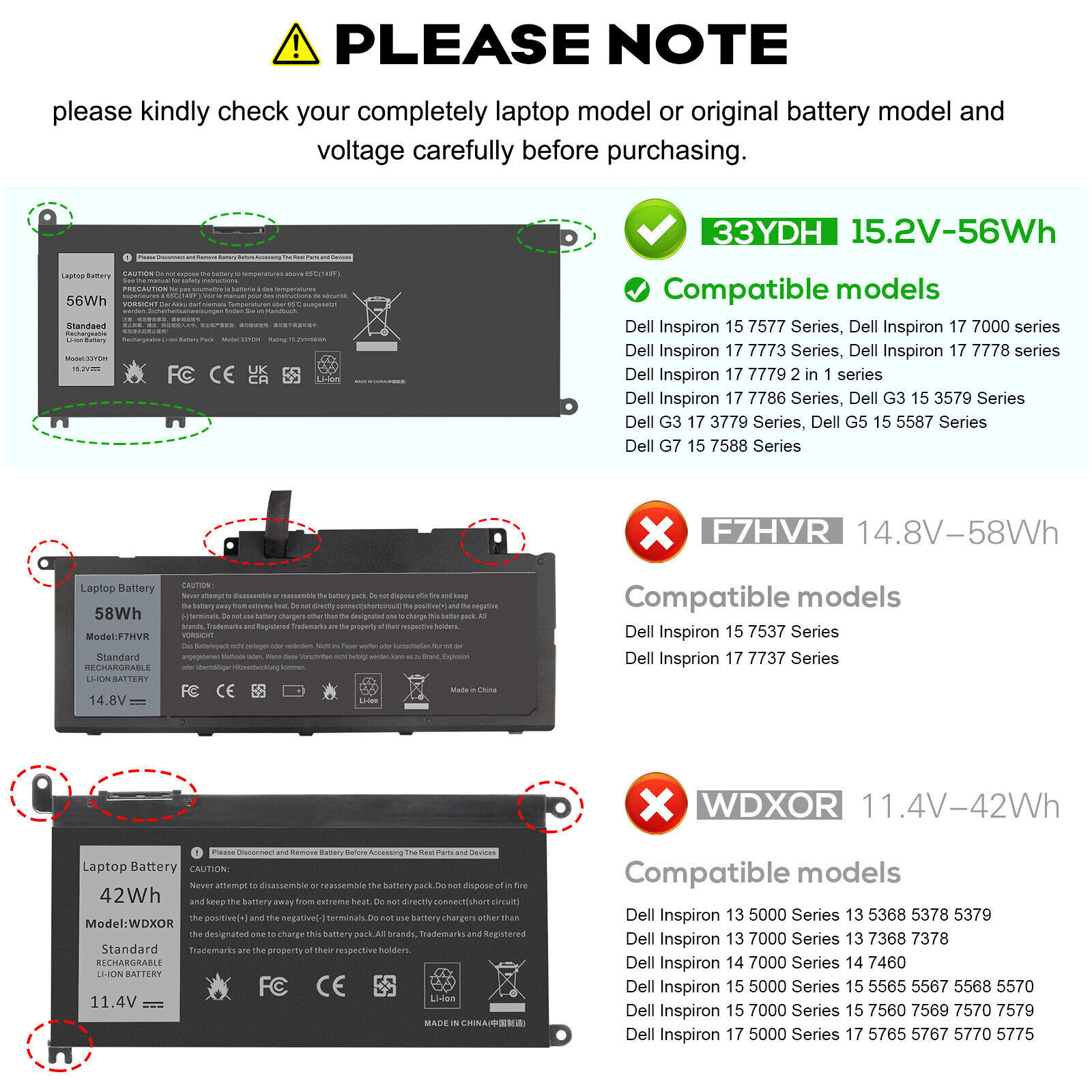 LOT Battery for Dell Inspiron 17 7773 7786 G5 15 5587 P72F P30E P30E001 33YDH