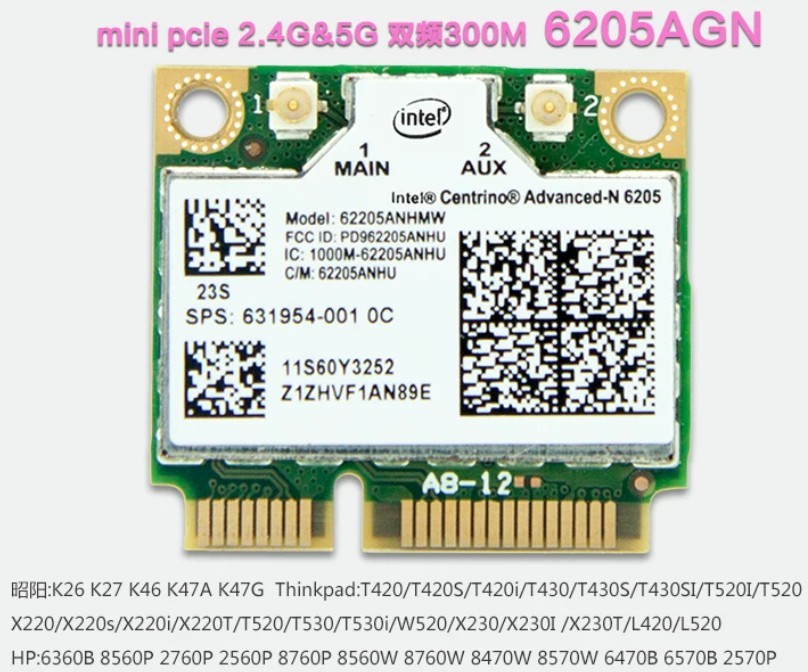 Intel 6205AGN 62205ANHMW Half Mini PCIe WiFi Card 300Mbps Dual Band 2.4GHz 5GHz