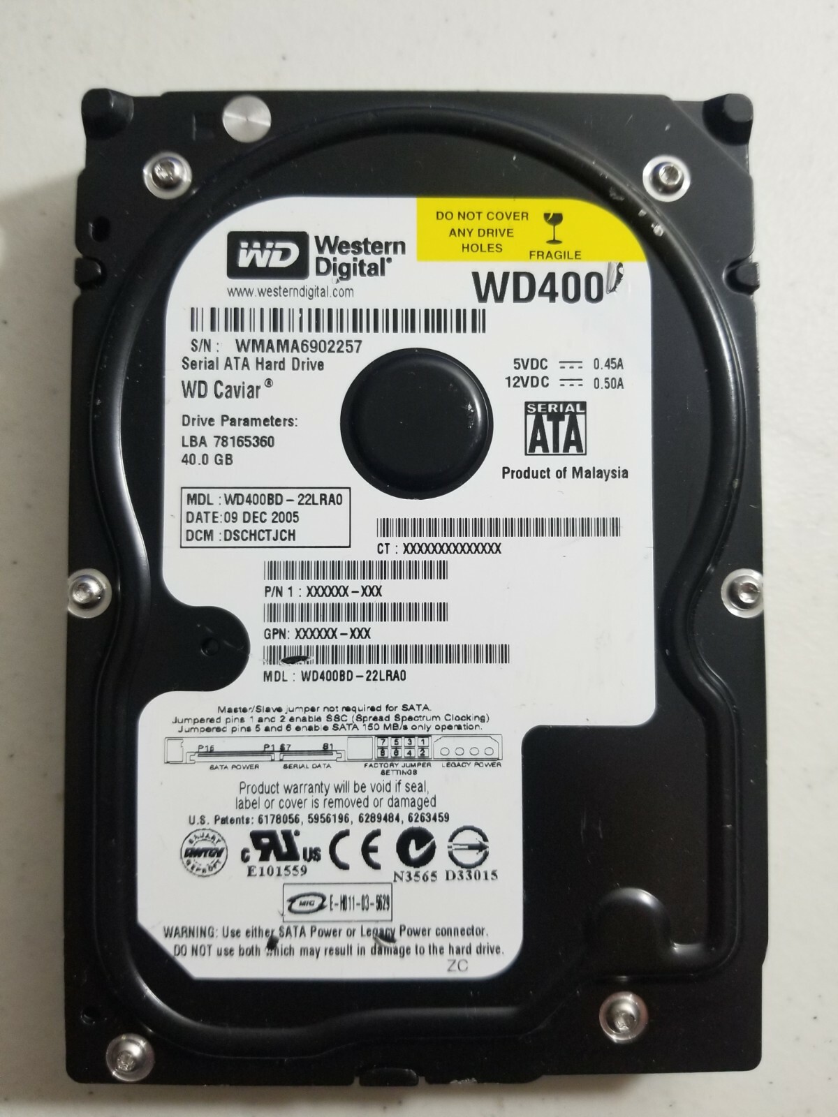 WESTERN DIGITAL WD CAVIAR WD400BD 40GB 40 GB SATA Hard Drive 3.5 3.5" HDD