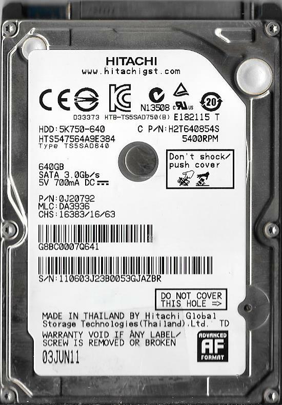 Hitachi HTS547564A9E384 640GB Sata Hard Drive P/N: 0J20792 MLC: DA3936