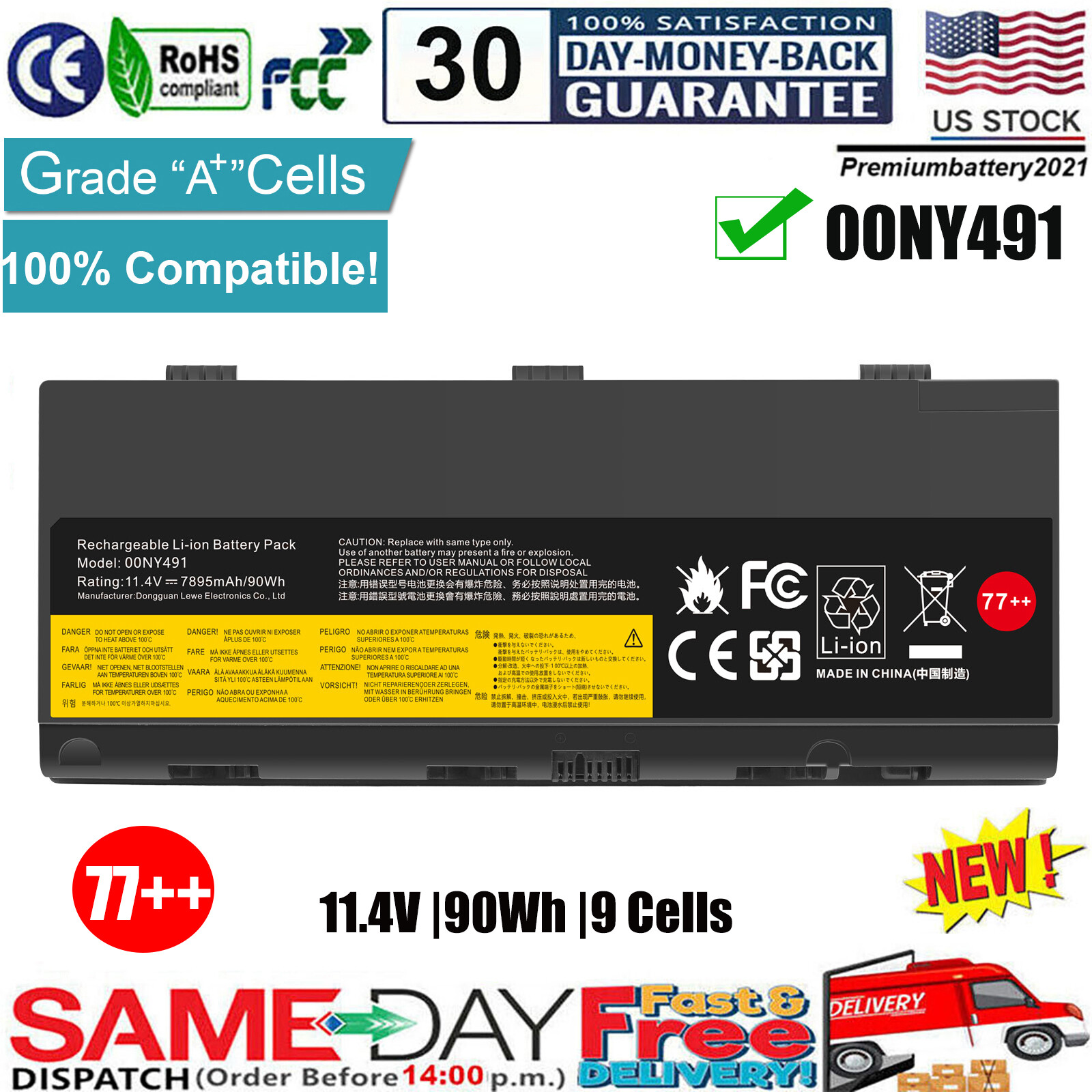 ✅77++ 00NY491 Battery for Lenovo Thinkpad P50 P51 P52 L17L6P51 L17M6P51 00NY490