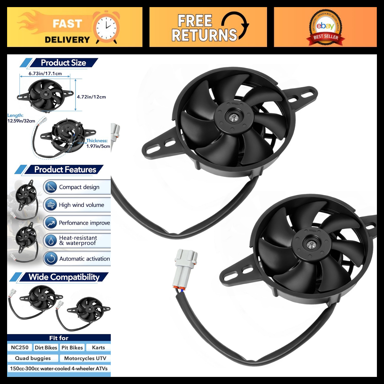 2PCS 12V DC 4" Motorcycle Radiator Cooling Fan, Thermal Fan for ATV & Dirt Bike