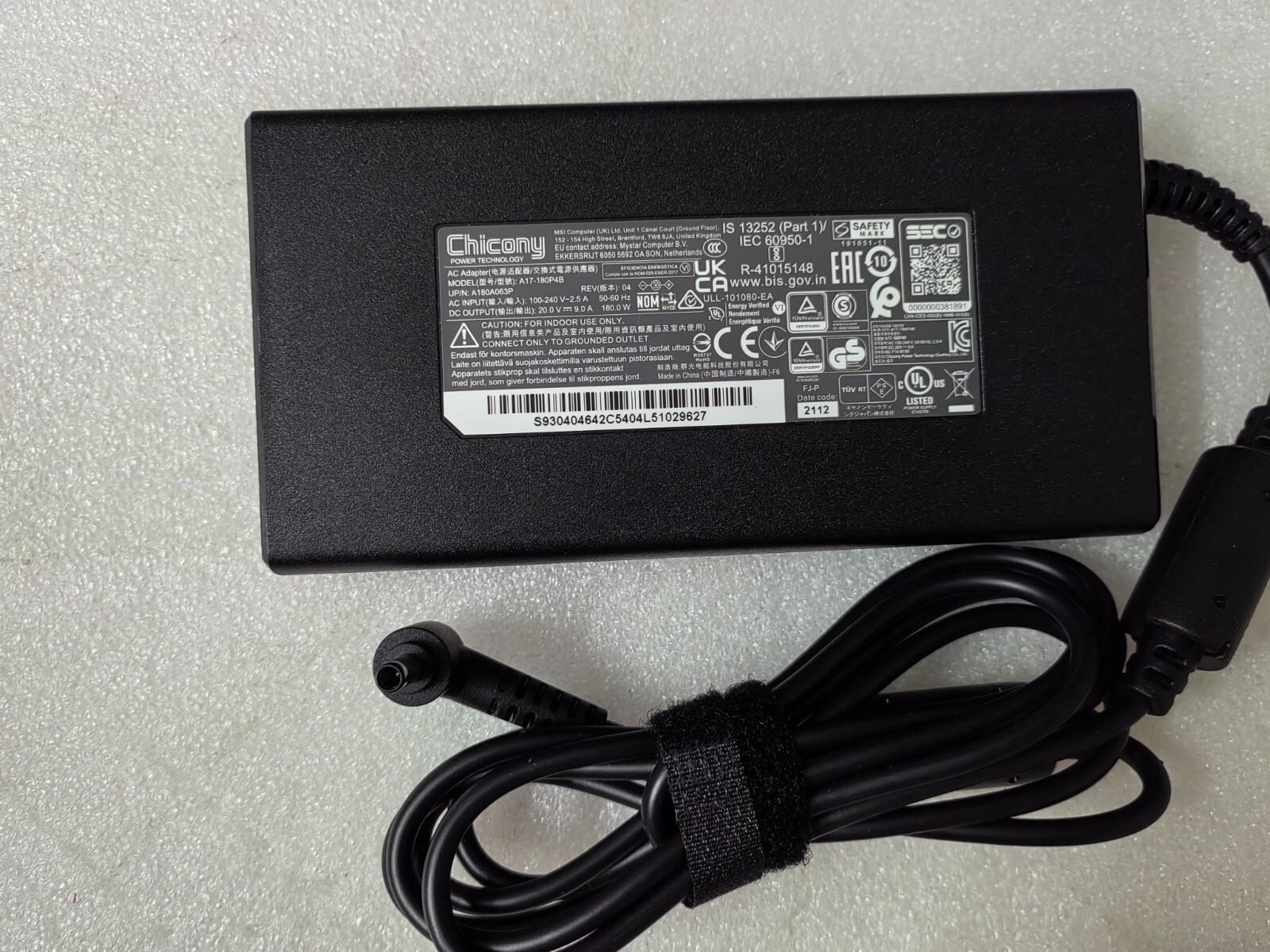 100%Original OEM MSI Pulse GL66 11UGK-001 Gaming Laptop Chicony 20V 9A Charger