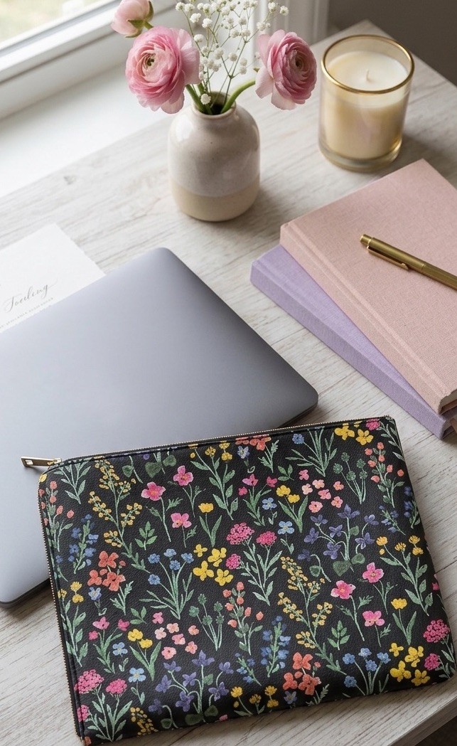 New Day Designer Pencil, Art Supplies or iPad Zippered Carry Case Black Floral