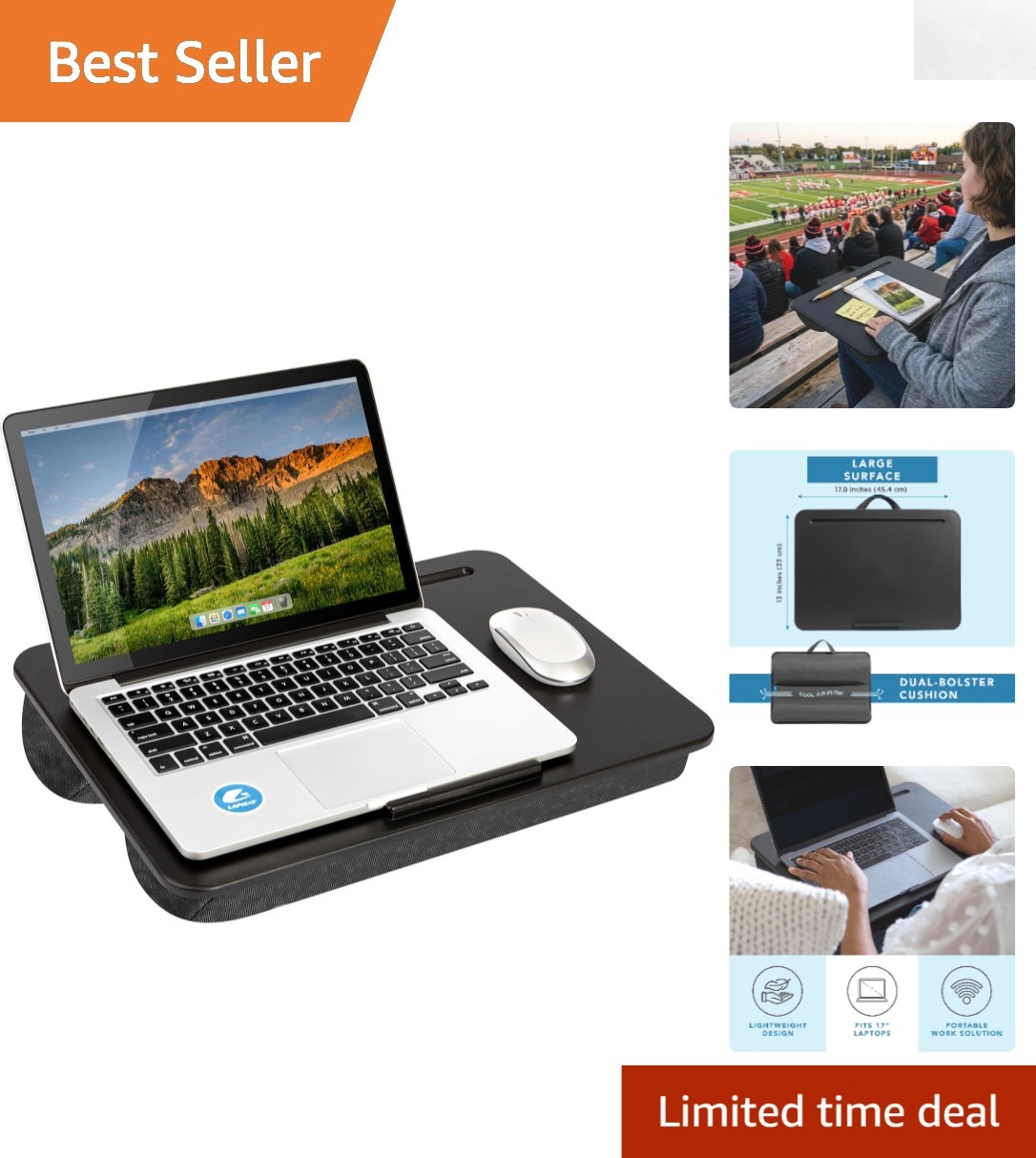 Elegant Black Lap Desk for 17" Laptops - Built-In Pencil Tray & Carry Handle