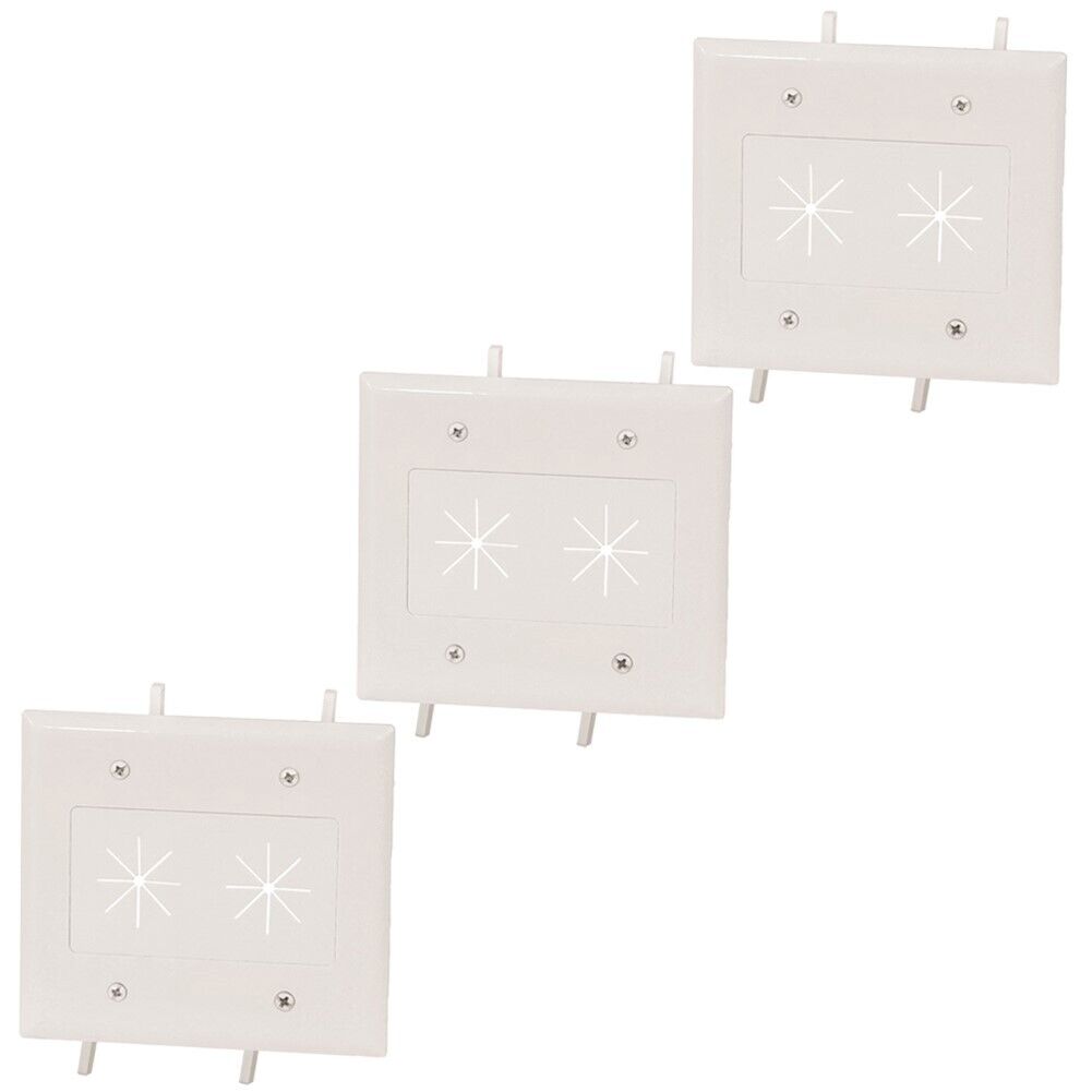 3x 2-Gang Low Volt Pass Through Cable Wall Plate with Flexible Opening White