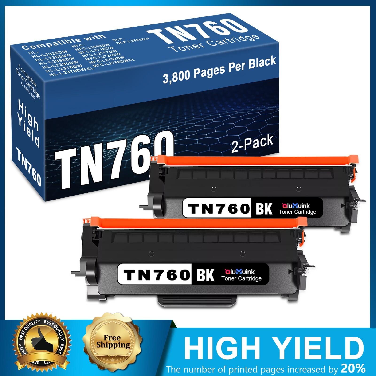 2PK TN760 Toner for Brother Printer MFC-L2730DW DCP-L2550DW HL-L2325DW Black