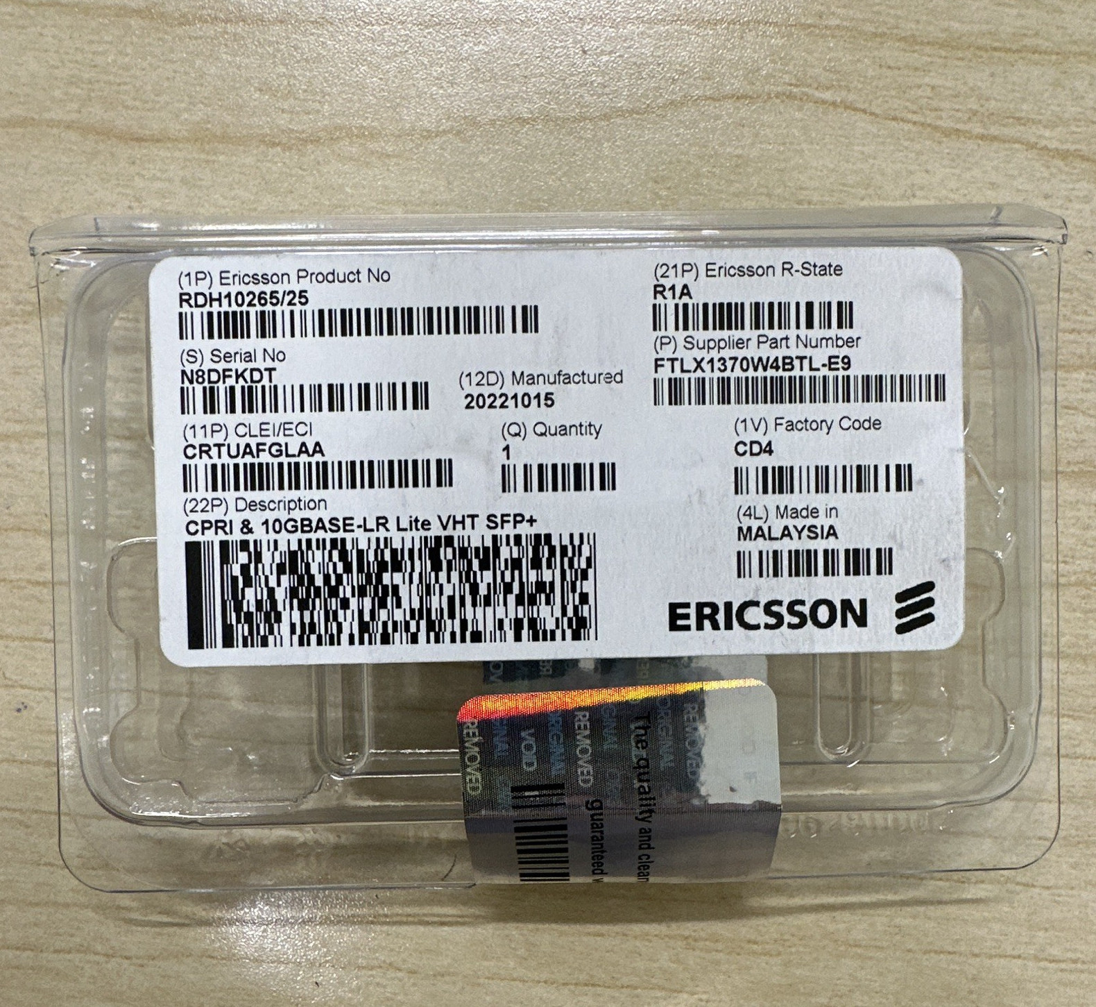 Ericsson RDH10265/25 CPRI 10GBASE-LR Lite VHT SFP+ Transceiver Module