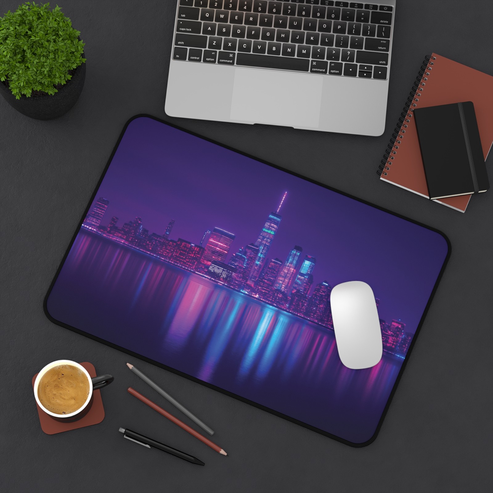 Neon City Skyline Desk Mat | Vaporwave Nightscape, Reflective Urban Lights