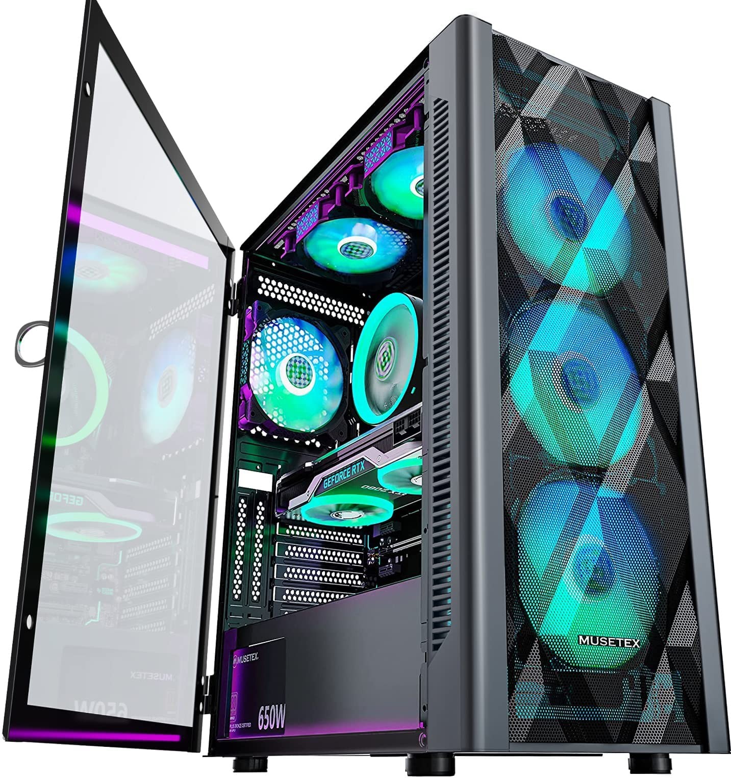 ATX PC Case Pre-Install 6 PWM ARGB Fans, Polygonal Mesh Computer Gaming Case,...
