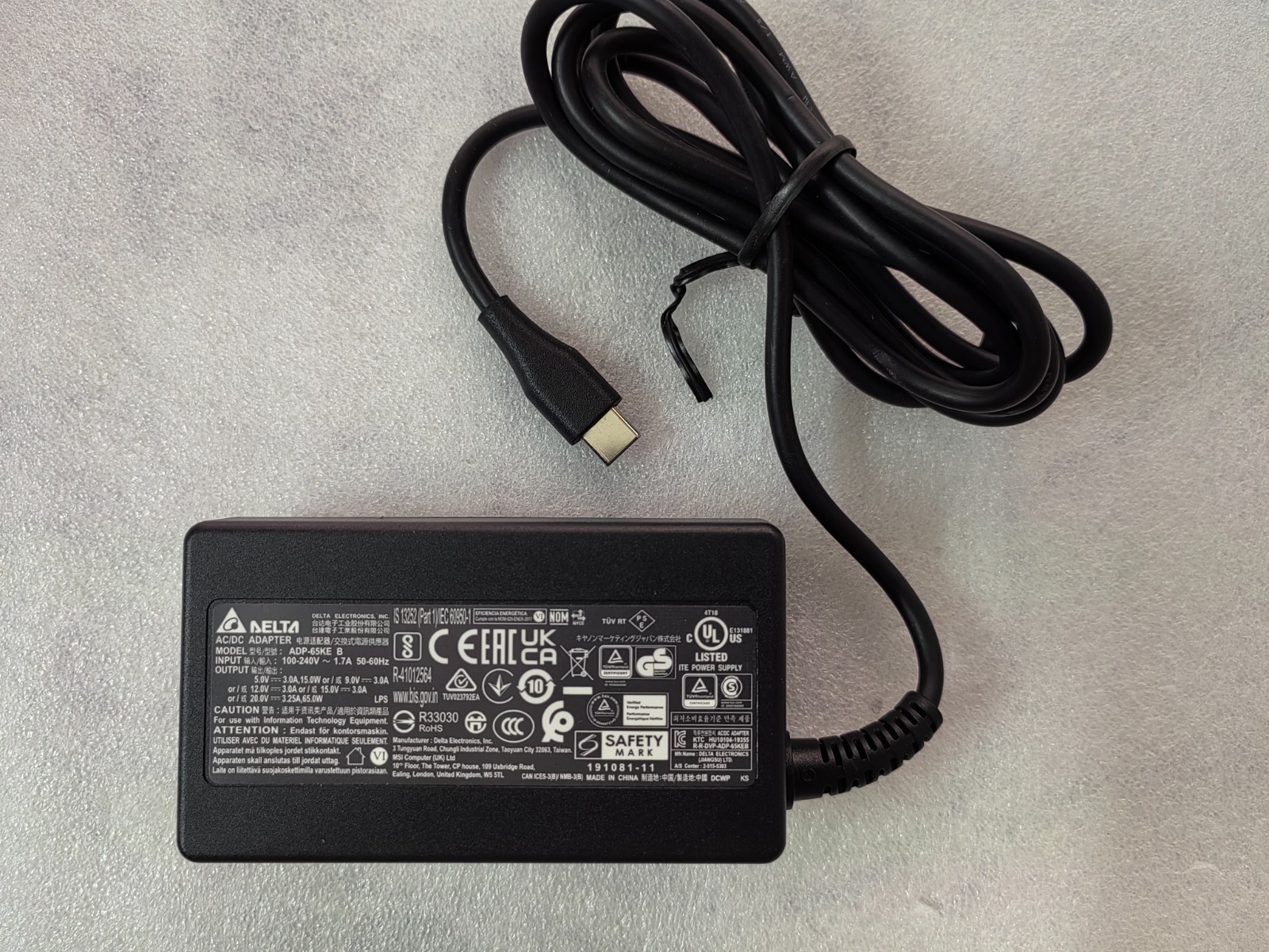 For MSI Summit E13 AI Evo A1MTG OEM Delta/MSI 20V3.25A ADP-65KE B 65W PD Adapter