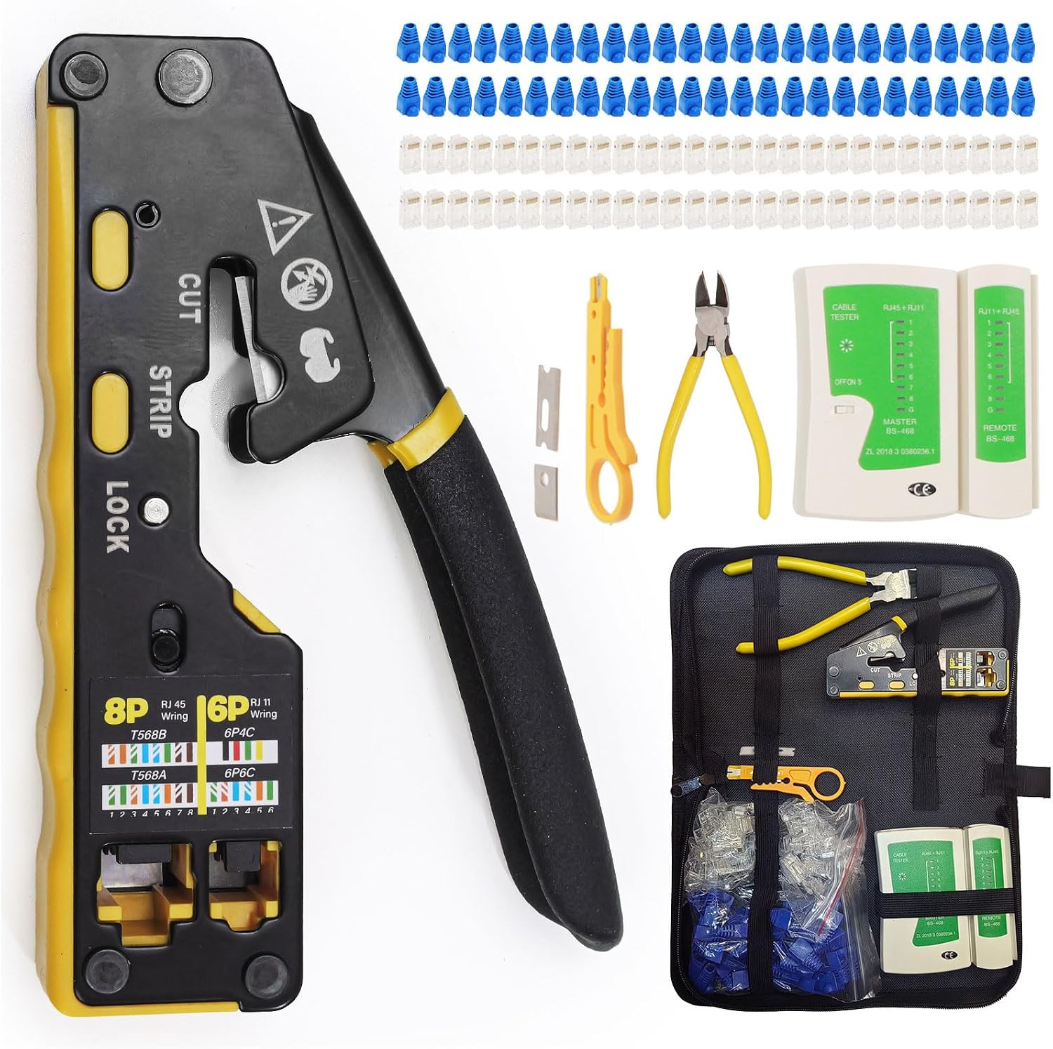 Pass through RJ45 Crimp Tool Kit with Tester and Carrying Case