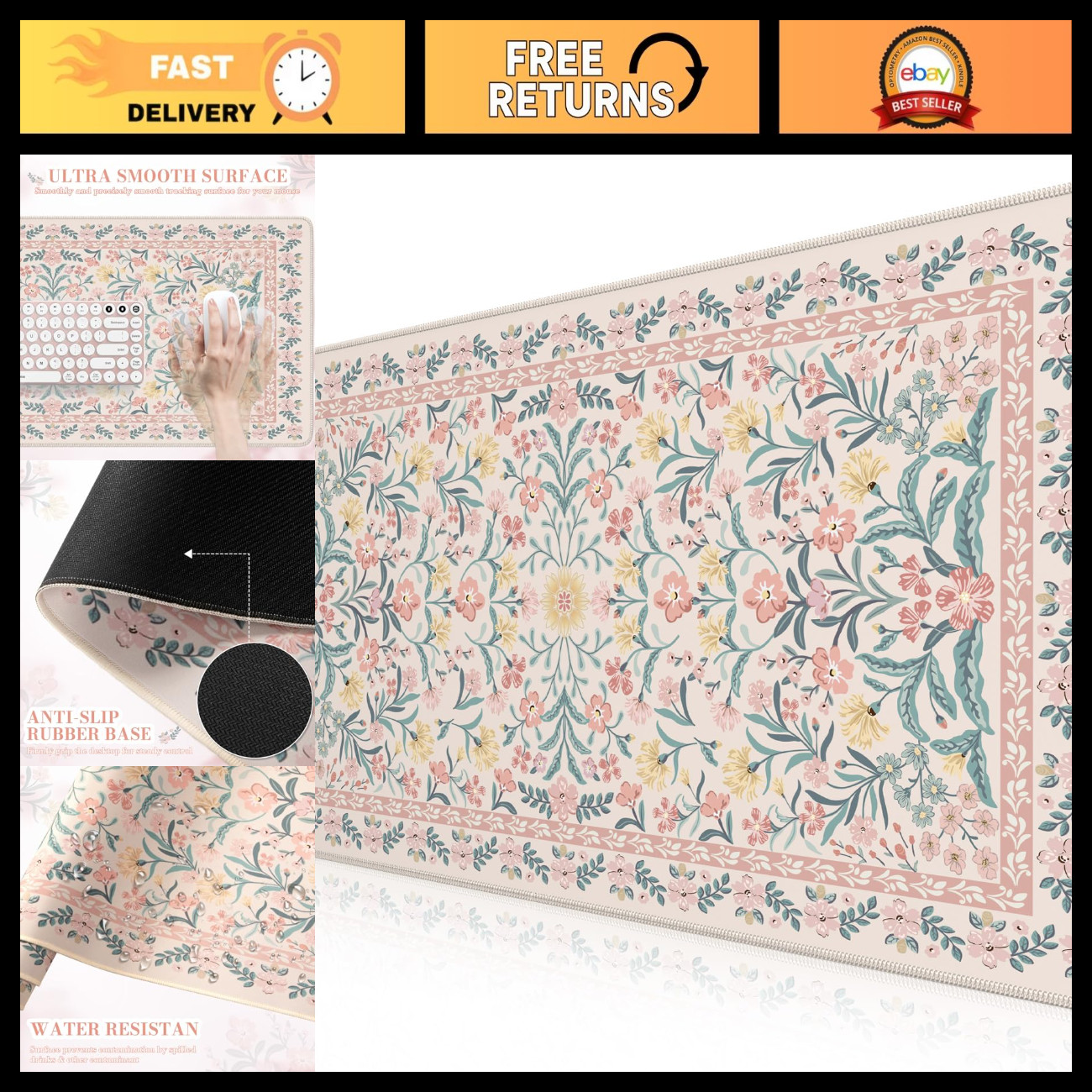 Large Pink Floral Desk Mat & Mouse Pad for Office, 35.4x15.7in, Non-Slip Surface