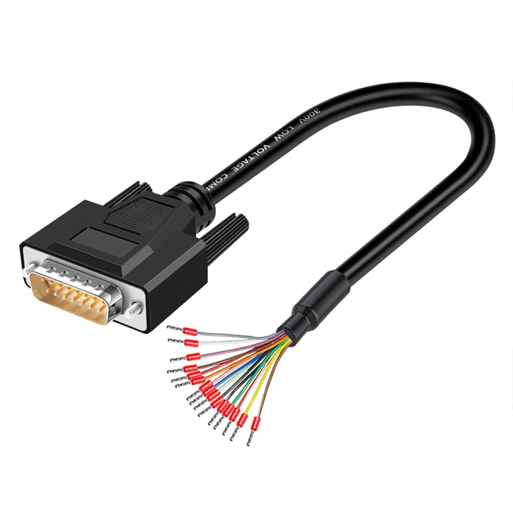 DB15 Male Solderless Breakout Connector with 5Ft 26AWG Cable, Plastic Shell R...