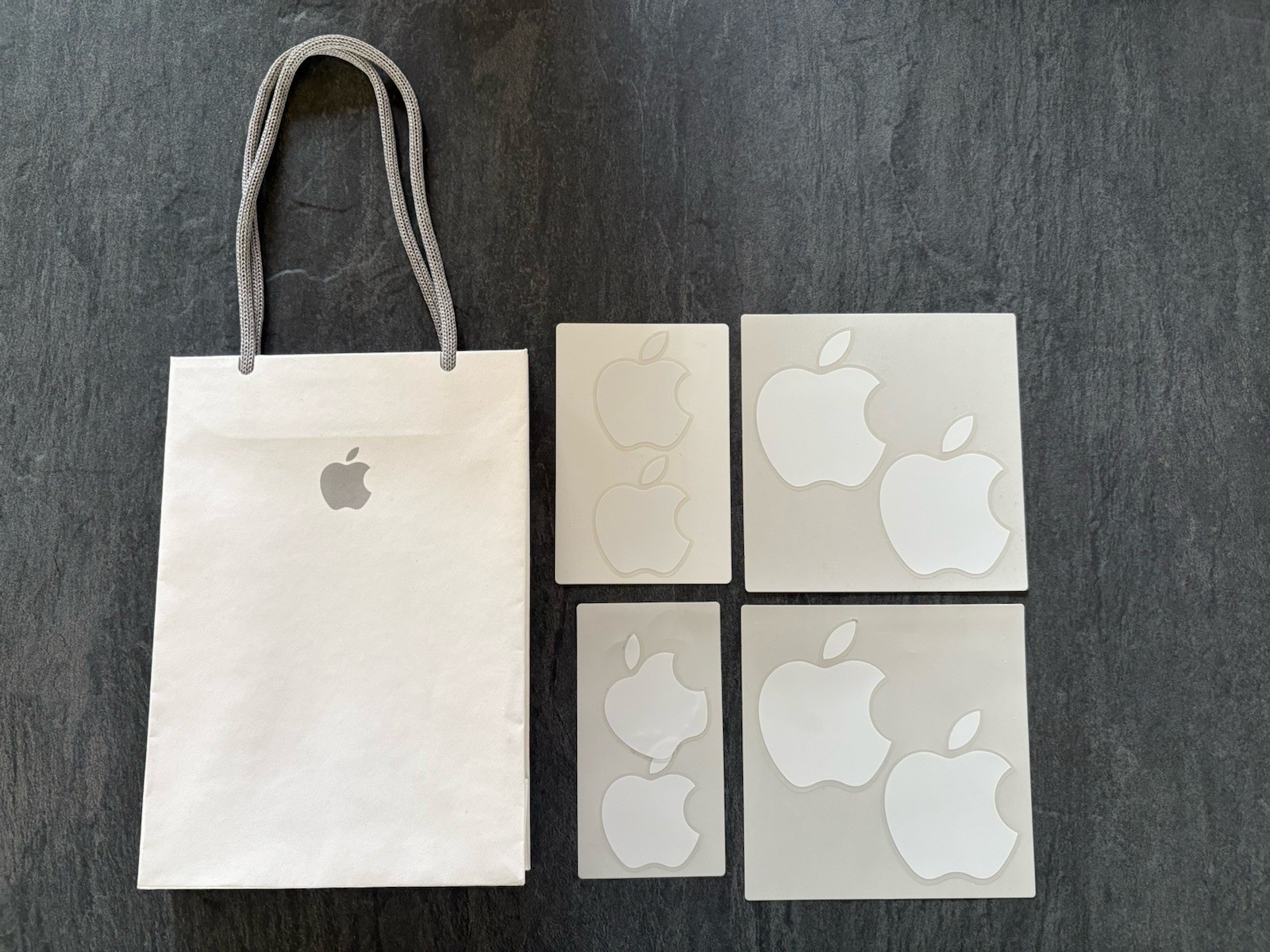 Apple Sticker Logo Decal Genuine Laptop White 2” (4) & 3” (4) & (2) Apple Bags