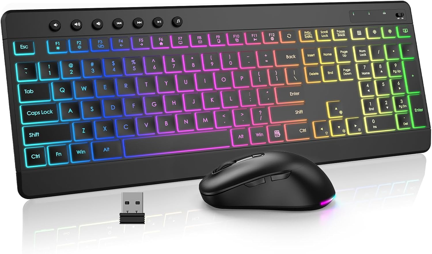 Wireless Keyboard and Mouse Combo, 10 Backlit Effects, Rechargeable 2.4Ghz Silen