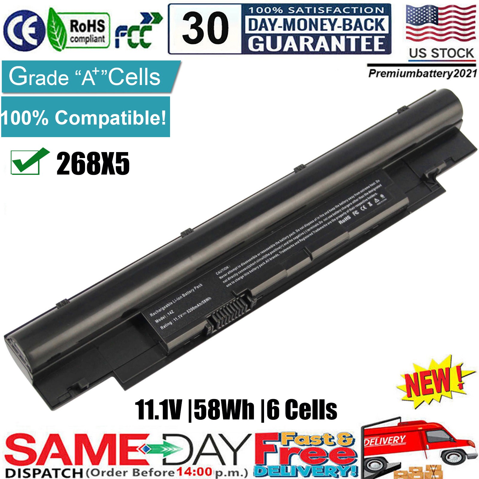 6 Cell Battery for Dell Latitude 3330 Vostro V131D V131R 312-1257/1258 H2XW1