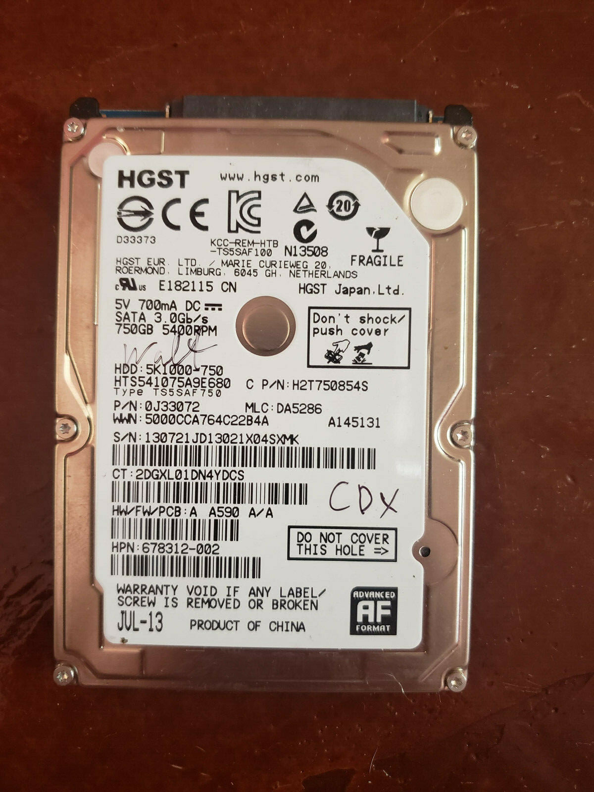 HGST HTS541075A9E680 750GB, Internal, 5400 RPM, 2.5" Hard Drive, Storage, As-is