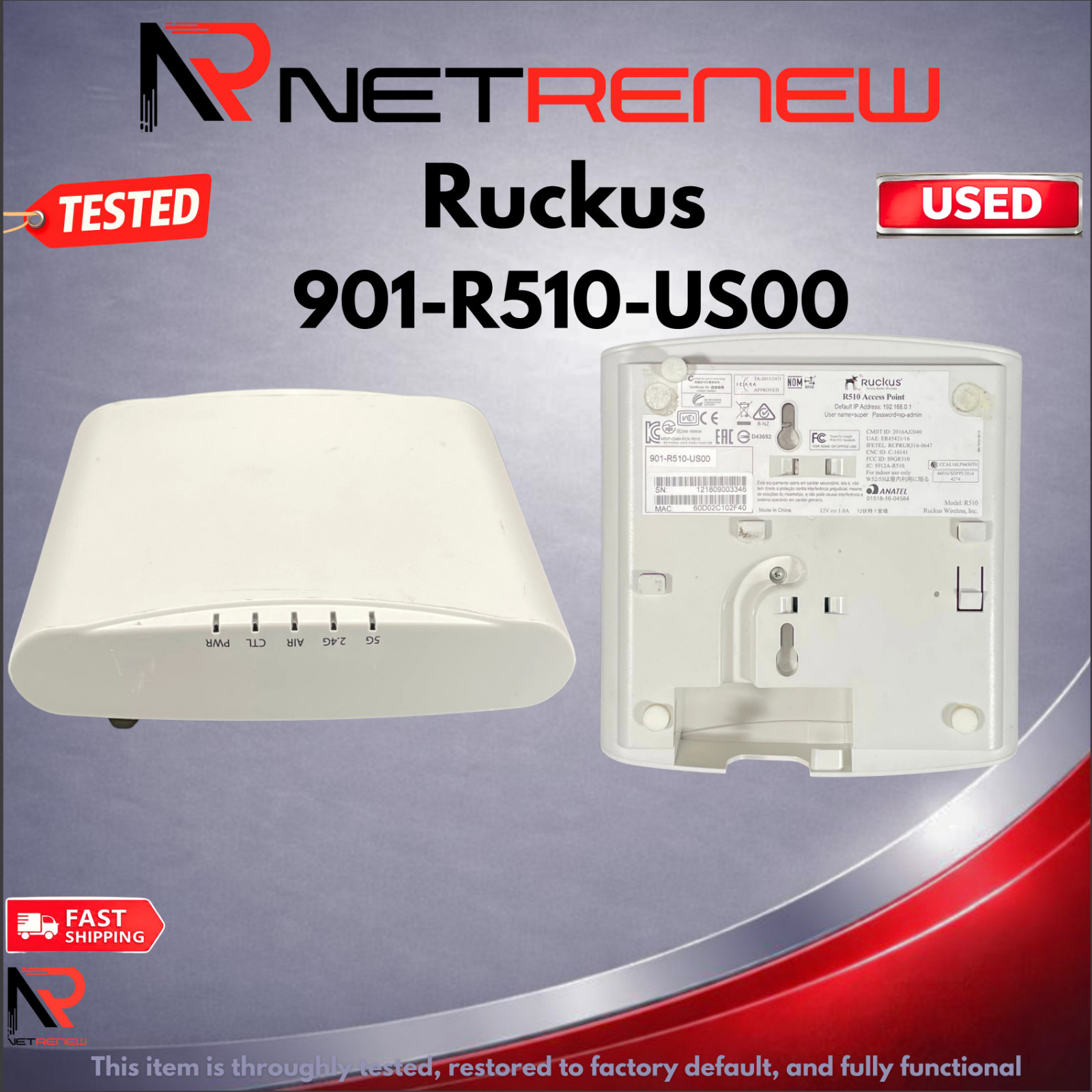 Ruckus 901-R510-US00 Zone Flex R510 Wireless Access Point **Item Only**