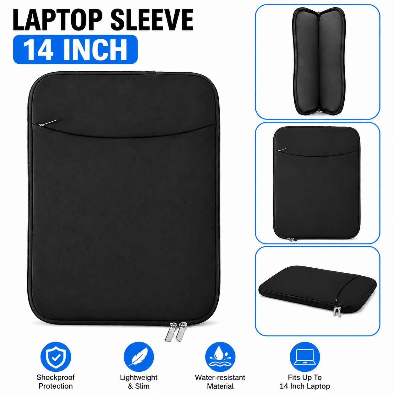 14" Laptop Sleeve Case Black Padded Protective Bag w/ Front Zipper Pocket
