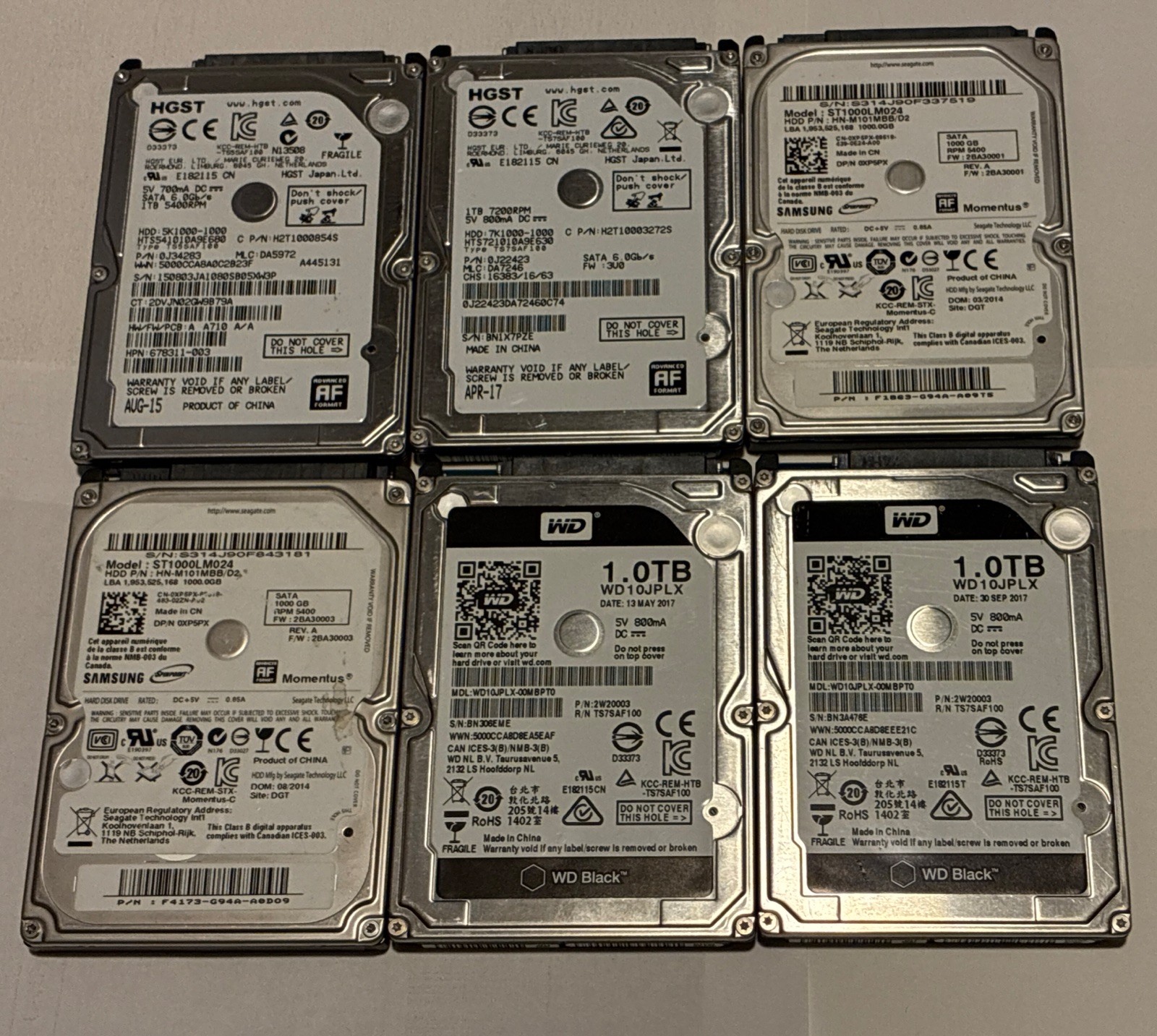 Lot of 6 Mixed Brand Model 1TB 2.5” Internal Hard Drive. Tested/Formatted