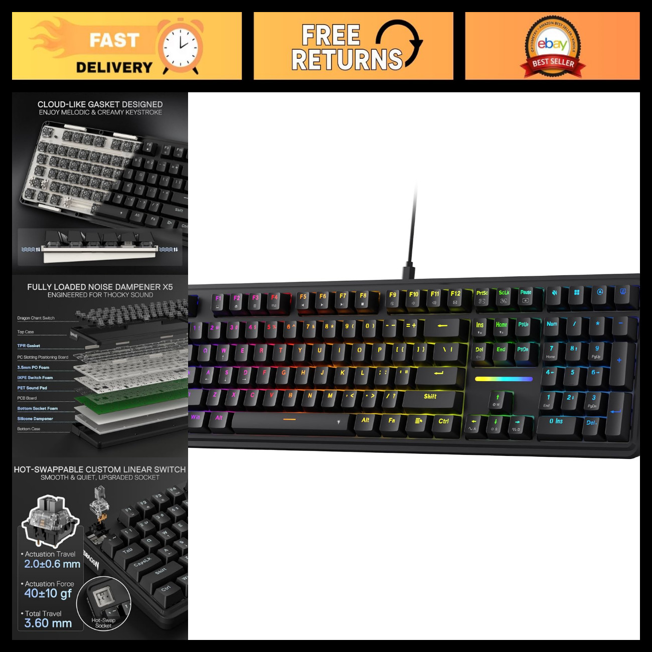 RGB Gaming Keyboard 108-Key Wired with Gasket Design & 4 Extra Hotkeys