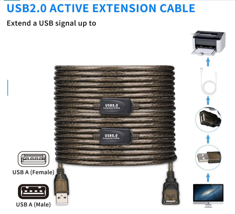 Active USB Extension Cable 75-Feet 2.0 A-Male to A-Female PC Printer Scanner