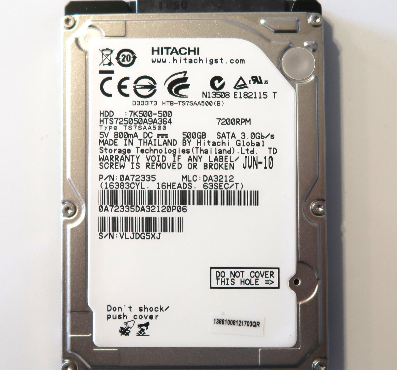 Hitachi HTS725050A9A364 0A72335 DA3212 (VLJ) Thailand 2.5" 500gb Sata HDD 2010