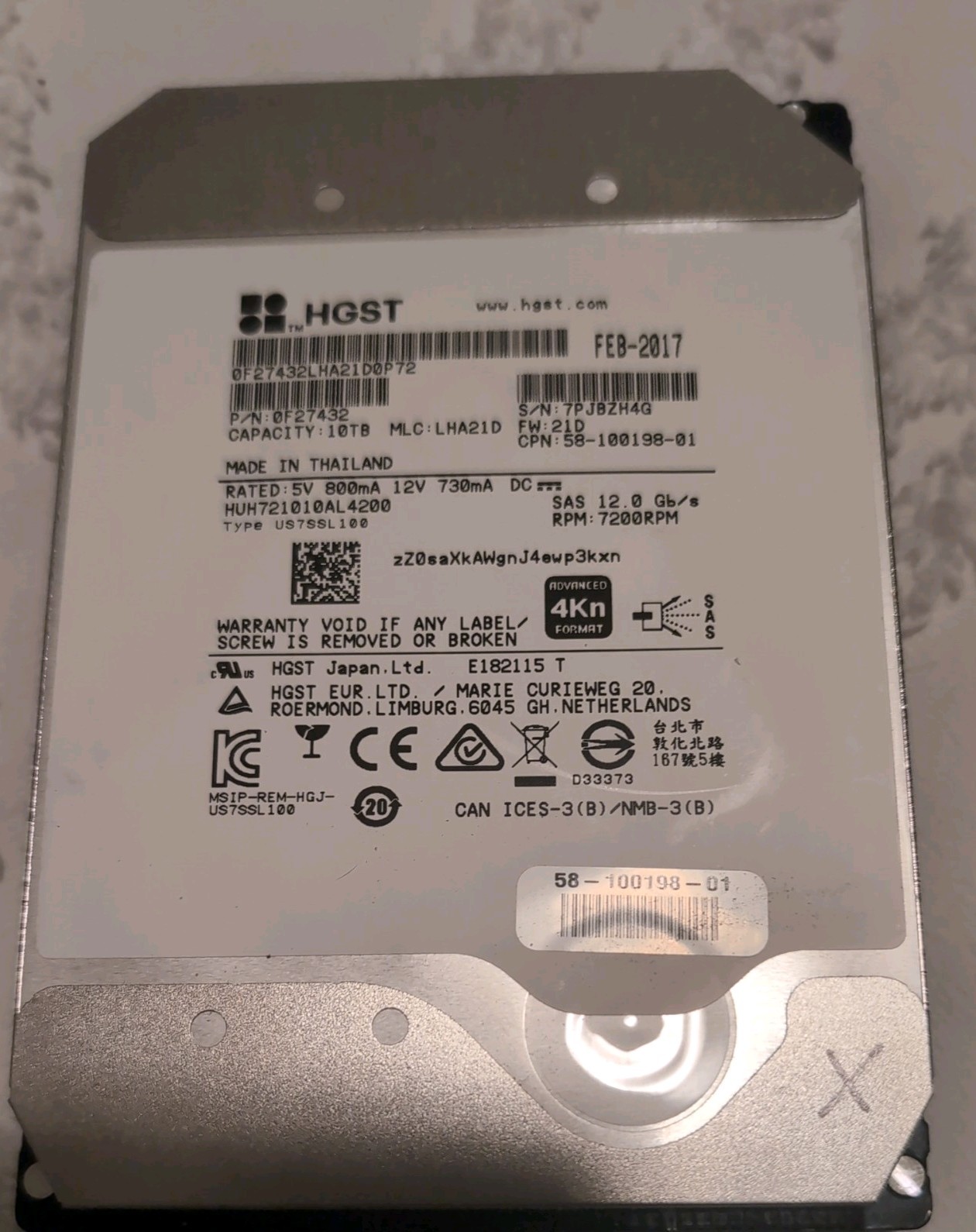 HUH721010AL4200 HGST Ultrastar He10 10TB 7200RPM SAS 12Gbps 256MB FOR PARTS