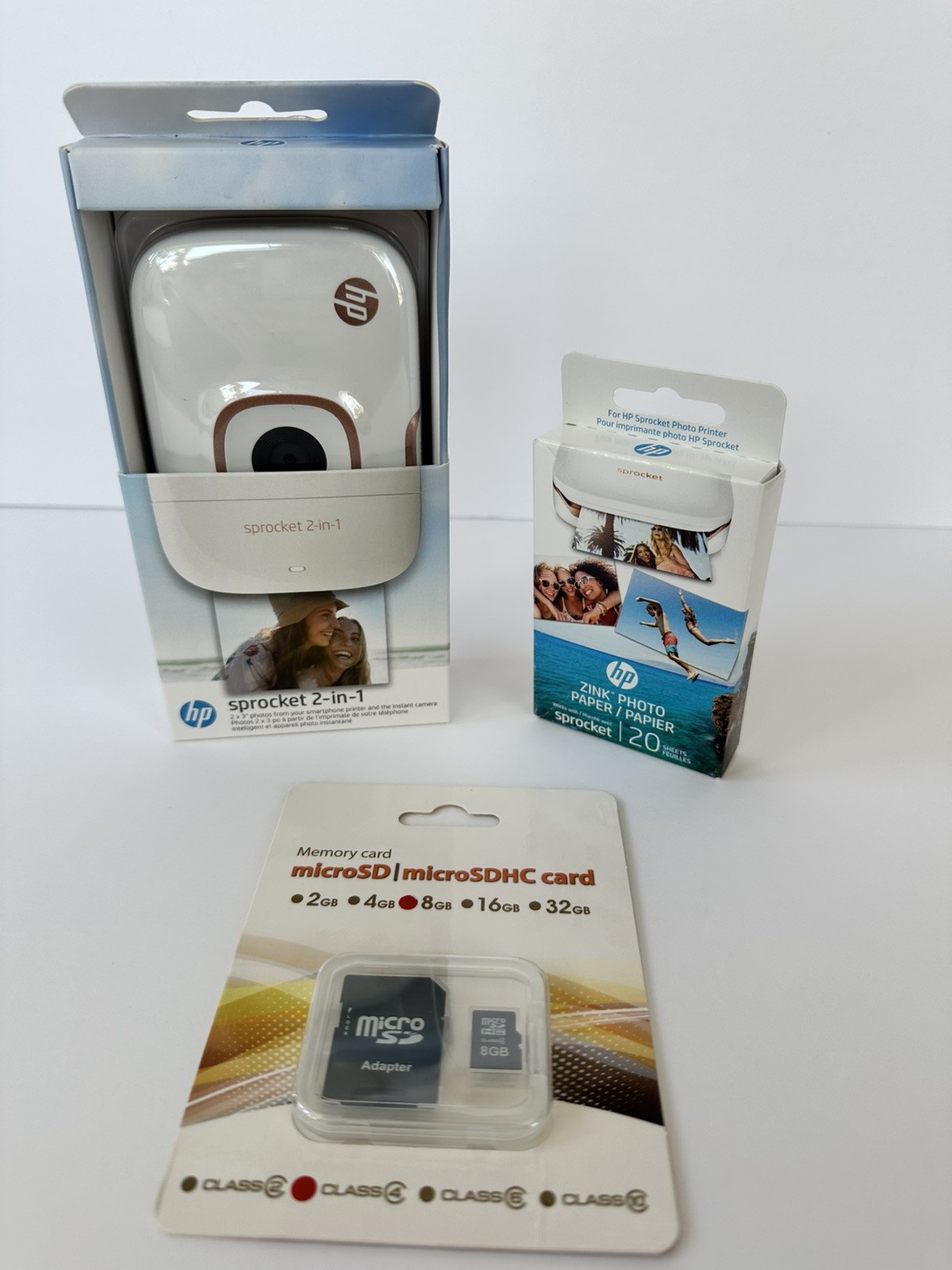 HP Sprocket 2-in-1 Printer Bundle PhotoPaper sticky backed paper MicroSD Card8GB