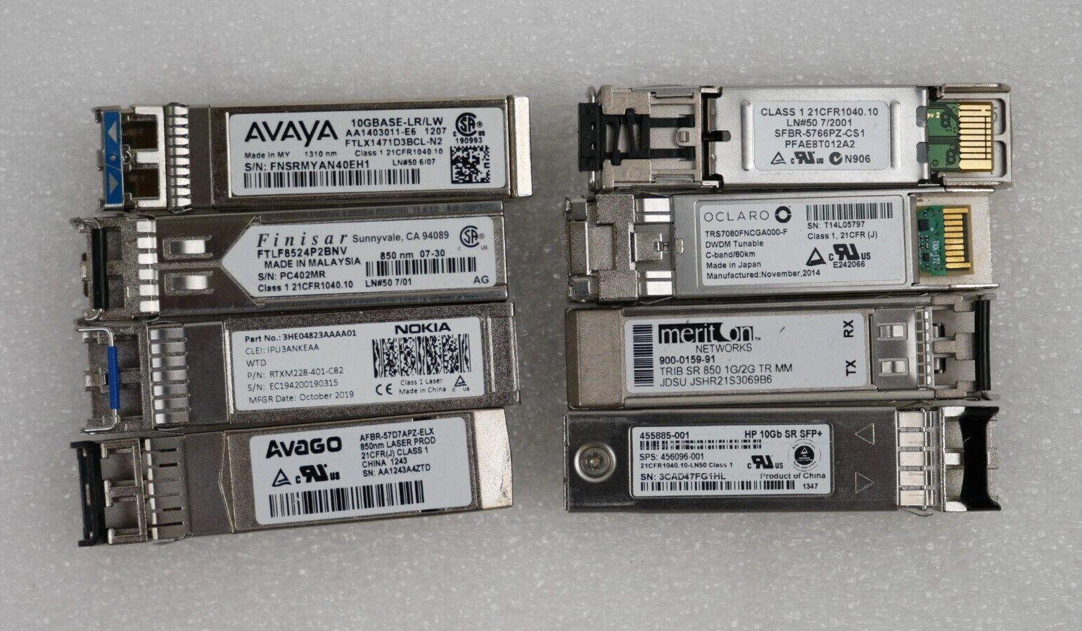 Lot of 8 Misc Avago Avaya Finisar Cisco 10GBASE-LR 1000BASE-SX 10G SR 850nm SFPs
