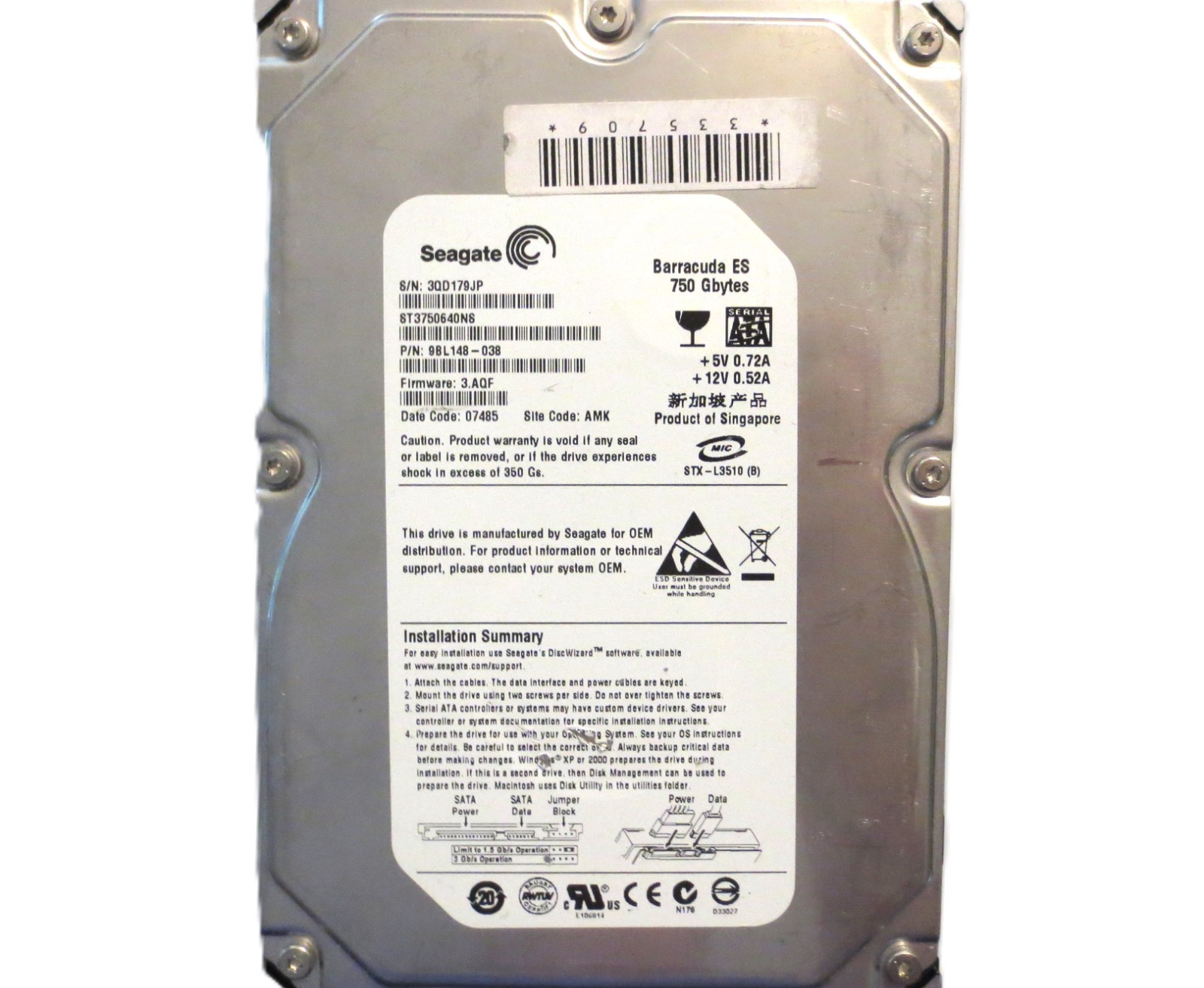 Seagate ST3750640NS 9BL148-038 3.AQF (3QD) AMK 750gb 3.5" Sata HDD 05/2007