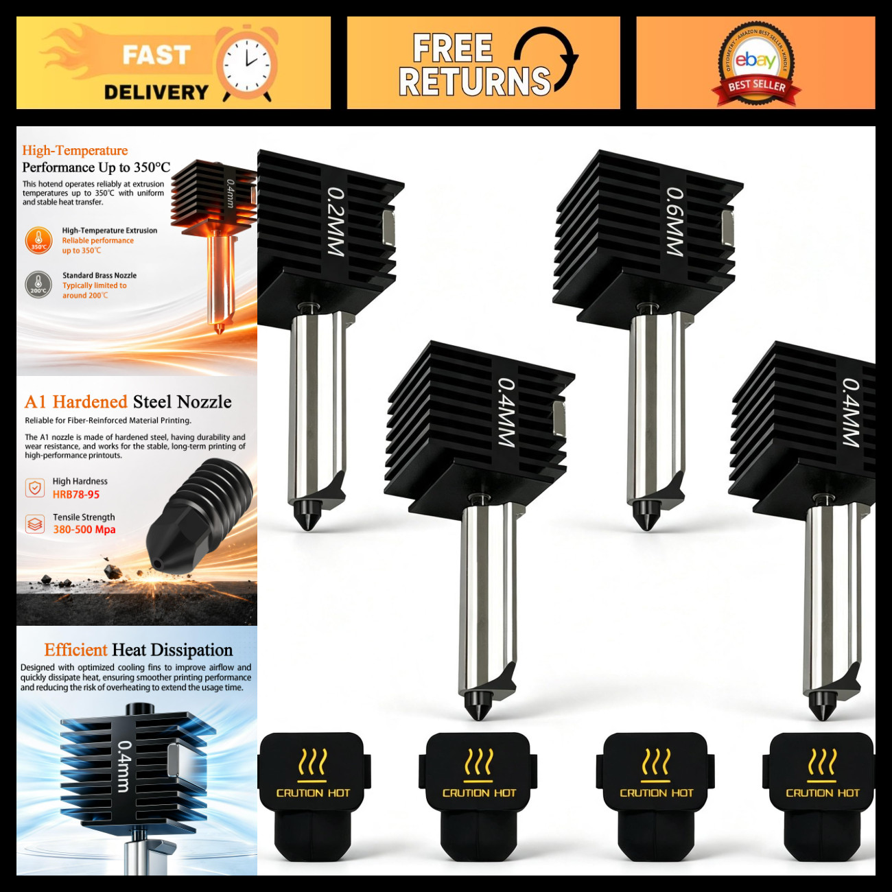4-Pack Mini Hotend Kit 0.2/0.4/0.6mm for 3D Printers - A1/A2L Nozzle Upgrade