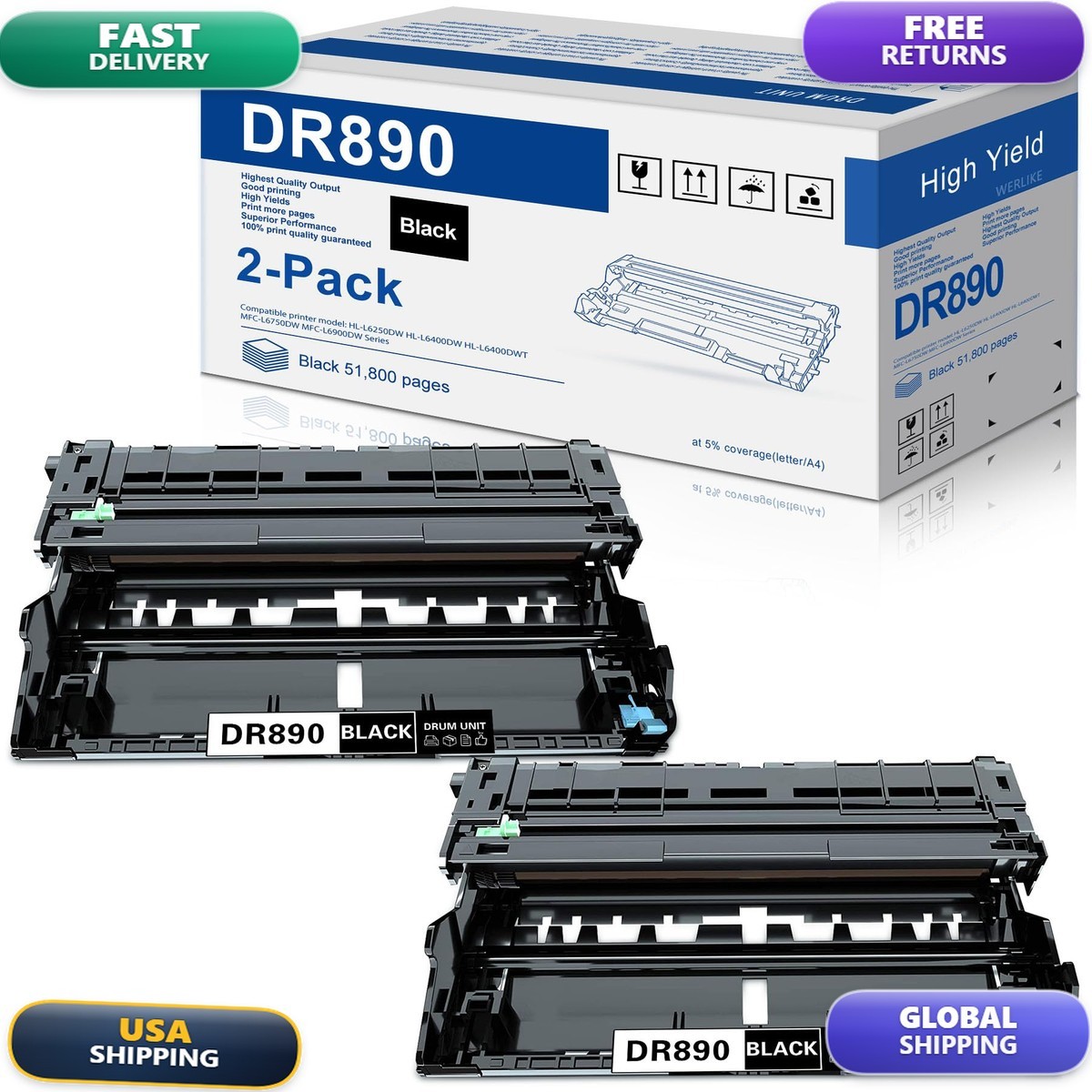 DR890 Drum Unit High Yield 2 Pack Compatible