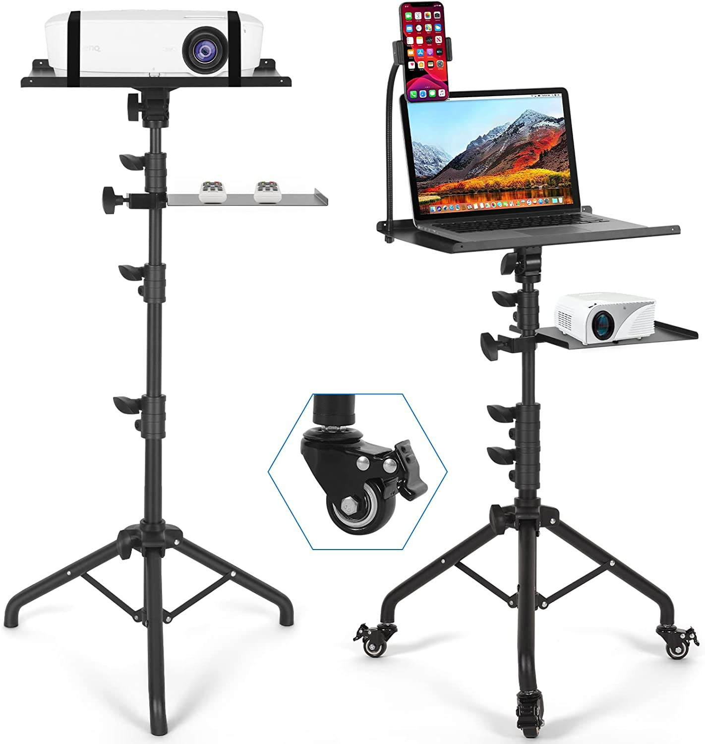 Laptop Tripod on Wheels with 2 Shelves | Portable Projector Floor Stand Adjustab