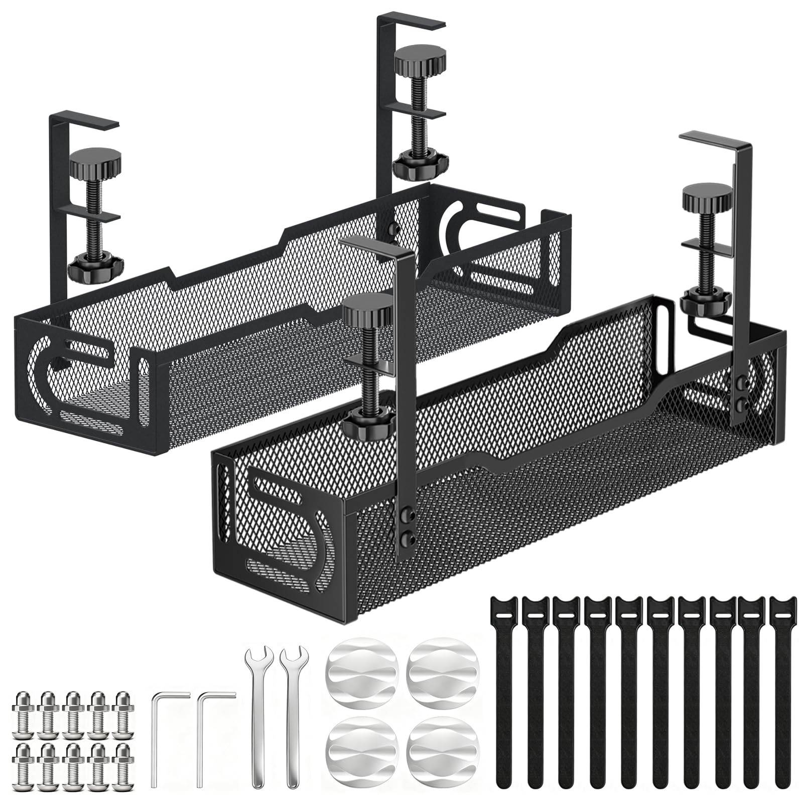2Pack Under Desk Cable Management Tray, No Drill Mesh Desk Cable Tray