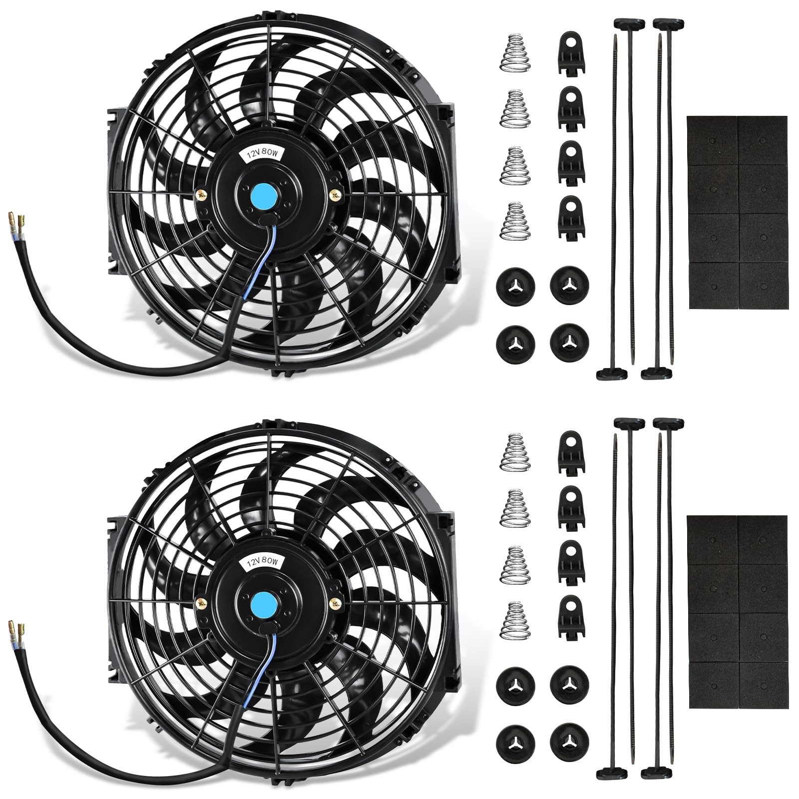 2 Pack 12" 12V 80W Universal Slim Radiator Cooling Fans Reversible Push Pull