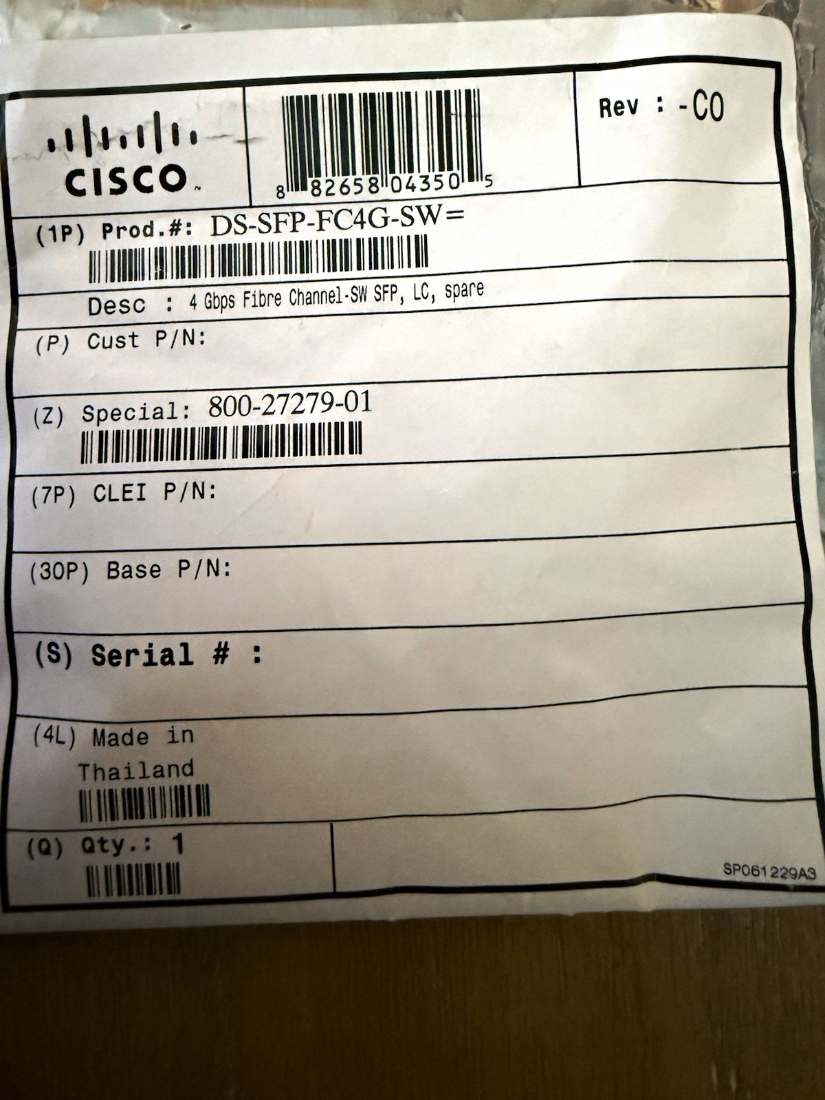 Cisco DS-SFP-FC4G-SW= 4Gbps Fibre Channel SFP Transceiver Module LC Connector