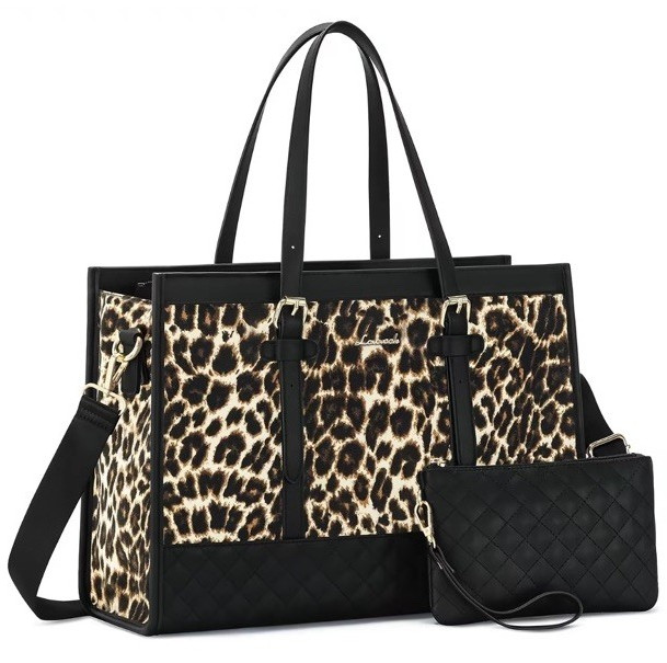 Leopard Animal Print Faux Leather Tote, Padded 15in Laptop, Wristlet, Strap