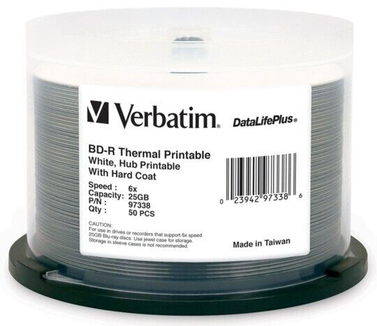 50-Pak 25GB Verbatim 6X WHITE THERMAL HUB PRINTABLE BLU-RAY BD-R's, #97338